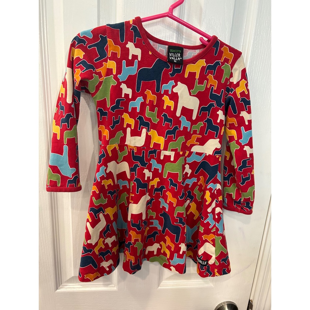 Villervalla Horse Dress Red Organic Cotton Dala Print Long‎ Sleeve Kids 92 Bin A